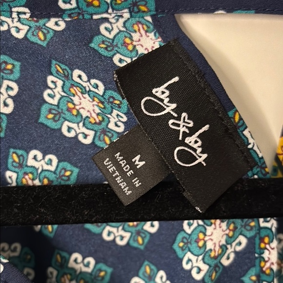 EUC Elegant Blue and Yellow Cold Shoulder Blouse with Vibrant Design - Picture 2 of 7